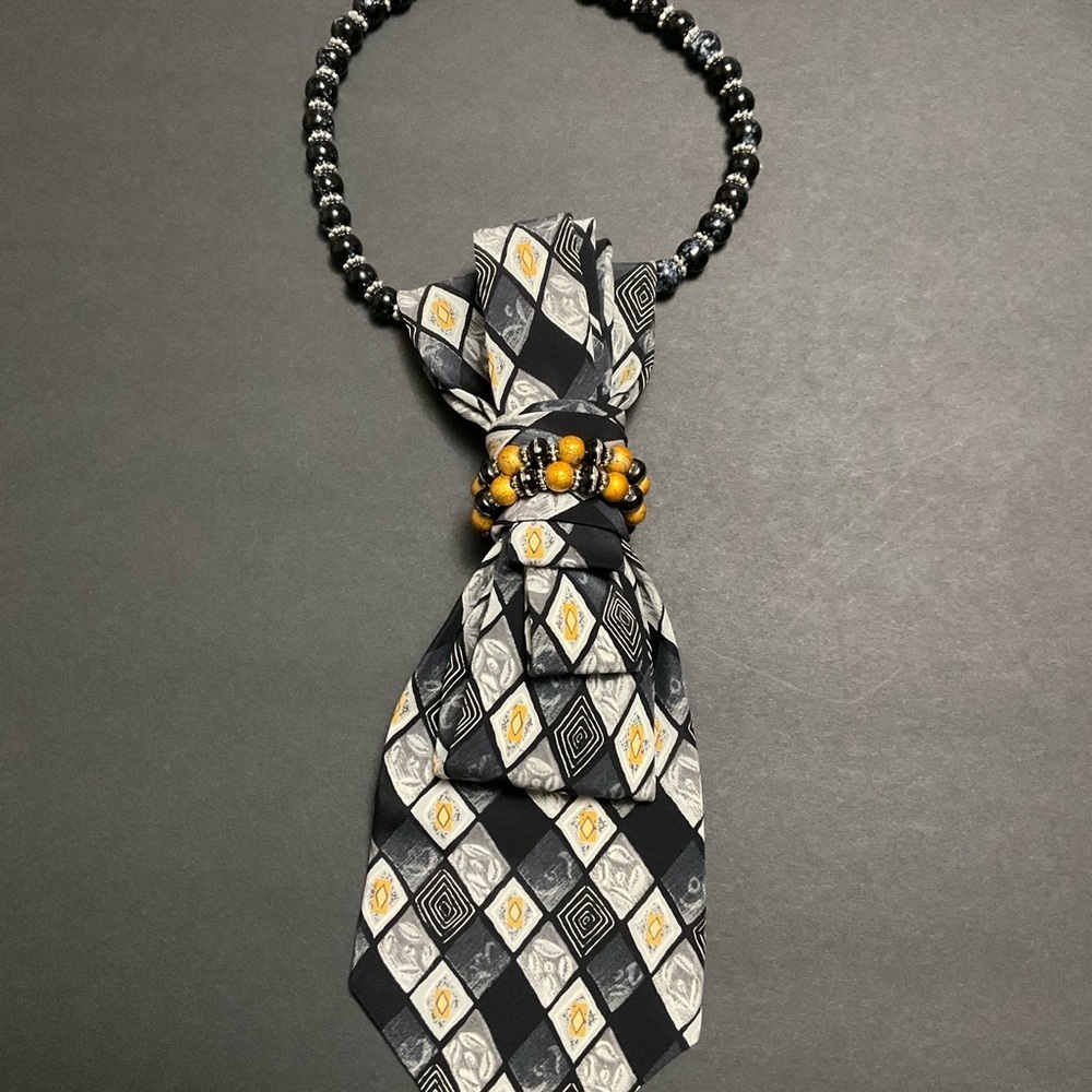 Handcrafted Necktie Necklace with Beaded Black and Gold Accent and Necklace - Picture 5 of 5